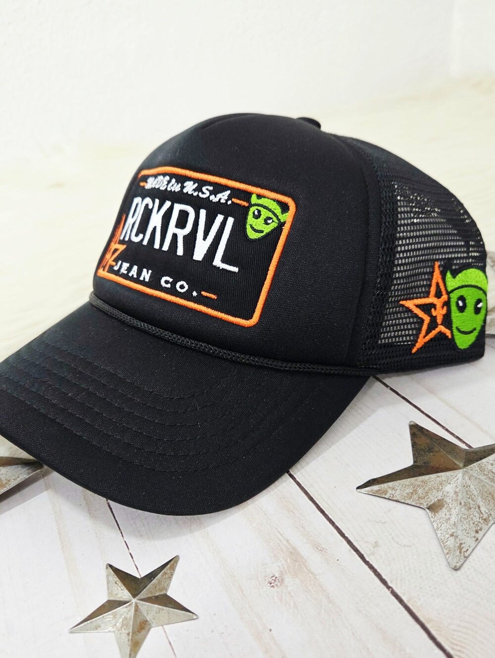 Rock Revival snapback trucker hat black alien embroidery patch logo orange